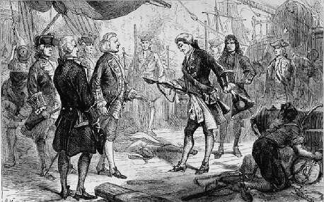 Première bataille du cap Finisterre - Jacques-François Grout présentant son épée à l'amiral George Anson